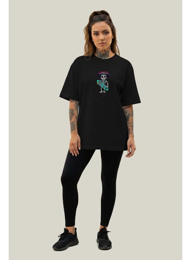 camiseta oversized feminina algodao prime wss skull skate preto3